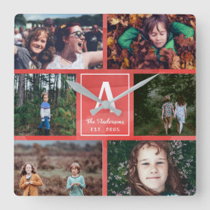 Reloj Cuadrado Monograma y collage de fotos rojos de la familia