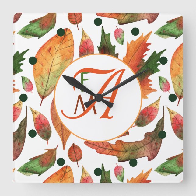 Reloj Cuadrado Monogramado Las hojas de otoño caen Decoración ver (Anverso)