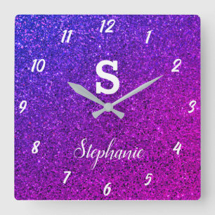 Reloj Cuadrado Monogramas Brillantes Rosa Púrpura Favor Regalo El