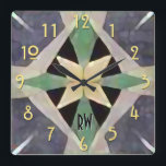 Reloj Cuadrado Monogramo de Batik Art Deco marroquí<br><div class="desc">Este reloj de pared presenta un diseño sutil y sofisticado inspirado en una antigua tela marroquí,  técnicas de tinte de tela batik,  tipografía Art Déco y una paleta de colores de tendencia gris rosa,  ostra,  verde pradera y amarillo crema. Personalice el monograma con hasta 2 caracteres.</div>