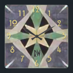 Reloj Cuadrado Monogramo de Batik Art Deco marroquí<br><div class="desc">Este reloj de pared presenta un diseño sutil y sofisticado inspirado en una antigua tela marroquí,  técnicas de tinte de tela batik,  tipografía Art Déco y una paleta de colores de tendencia gris rosa,  ostra,  verde pradera y amarillo crema. Personalice el monograma con hasta 2 caracteres.</div>