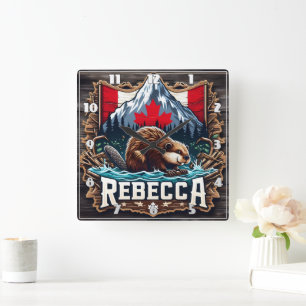 Reloj Cuadrado Montaña de nieve, castor, bandera canadiense