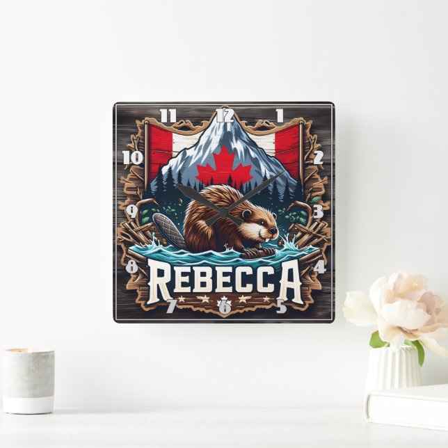 Reloj Cuadrado Montaña de nieve, castor, bandera canadiense (Hogar)