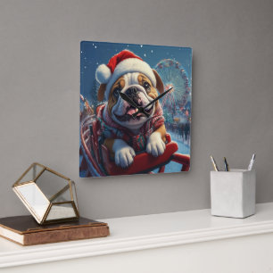 Reloj Cuadrado Montaña Rusa de Bulldog Navidad