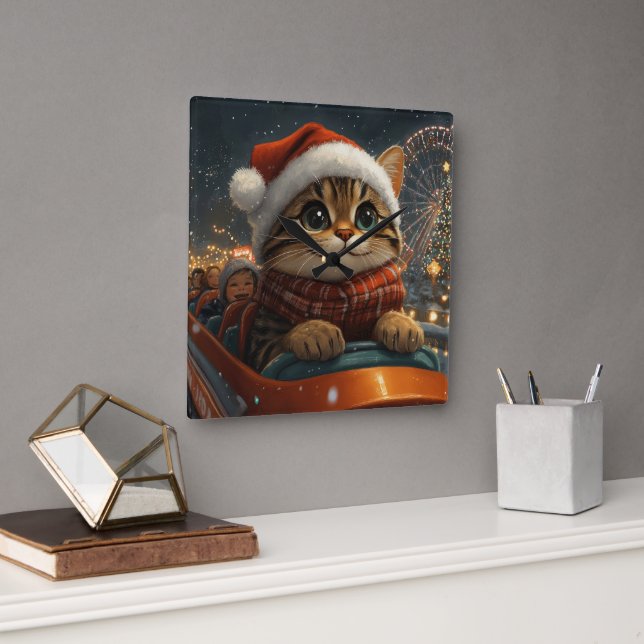 Reloj Cuadrado Montaña Rusa de Gato de Bengala Navidad (Oficina)