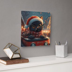 Reloj Cuadrado Montaña Rusa de Gato Negro de Navidad