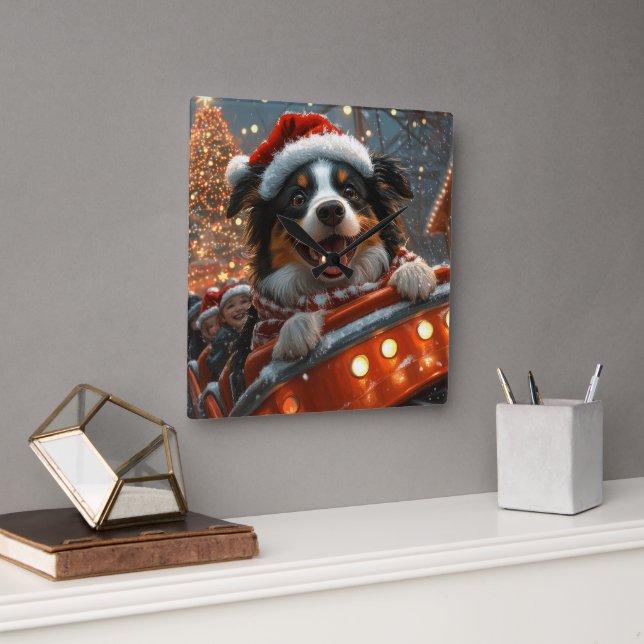 Reloj Cuadrado Montaña Rusa de Perro Border Collie Navidad (Oficina)