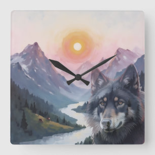 Reloj Cuadrado Montañas majestuosas con lobo