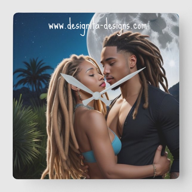 Reloj Cuadrado Moonlight Couple  – Romantic Digital Art  (Anverso)