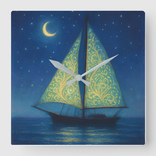 Reloj Cuadrado Moonlit Sailboat - Pastel Painting Style Night Art (Anverso)