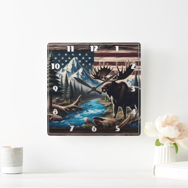 Reloj Cuadrado Moose by Lake with Mountain and Flag Background (Hogar)