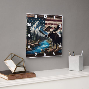 Reloj Cuadrado Moose by Lake with Mountain and Flag Background