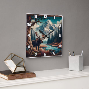 Reloj Cuadrado Moose by Mountain Stream en el paisaje otoñal