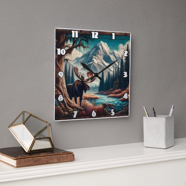 Reloj Cuadrado Moose by Mountain Stream en el paisaje otoñal (Oficina)