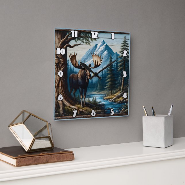 Reloj Cuadrado Moose by River con montañas detrás (Oficina)