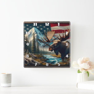 Reloj Cuadrado Moose Cerca del río con montañas y bandera