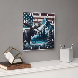 Reloj Cuadrado Moose contra la montaña y el fondo de la bandera