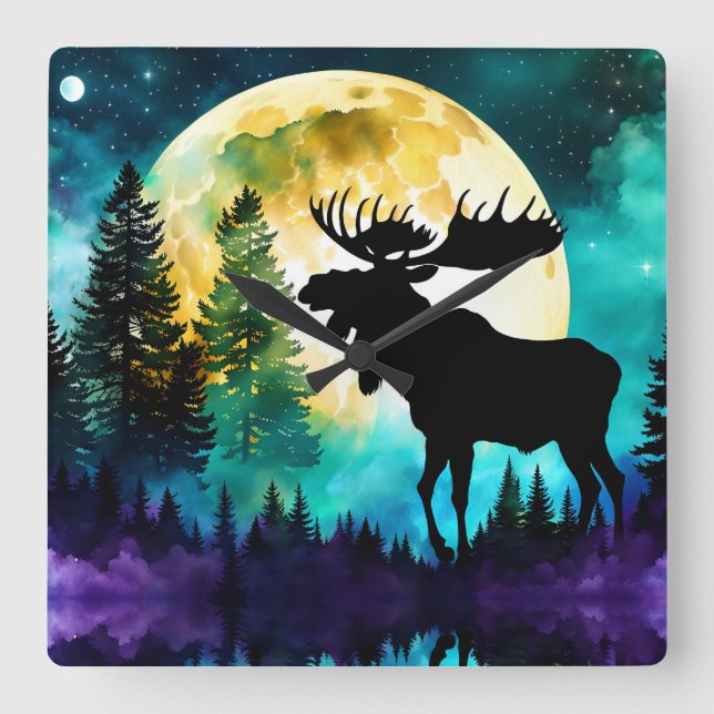 Reloj Cuadrado Moose en el bosque Luna llena (Anverso)