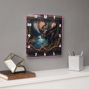 Reloj Cuadrado Moose en un bosque a orillas de un río al atardece