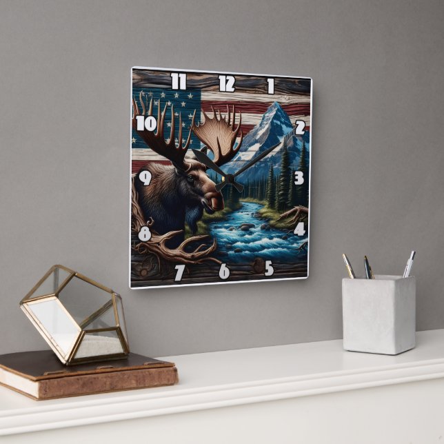 Reloj Cuadrado Moose frente a la montaña y la bandera estadounide (Oficina)