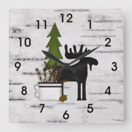 Reloj Cuadrado Moose rústico de silueta y árboles en Birch