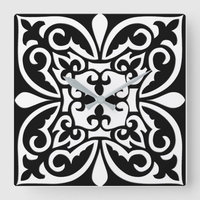 Reloj Cuadrado Moroccan tile - black with white background (Anverso)