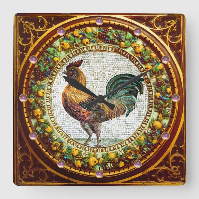 RELOJ CUADRADO MOSAIC ROOSTER, ANTIQUE FLORAL CROWN WITH FRUITS (Anverso)