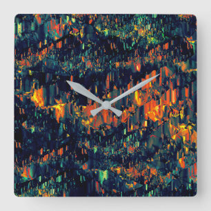 Reloj Cuadrado Mosaico abstracto de fogata desplazada sobre verde