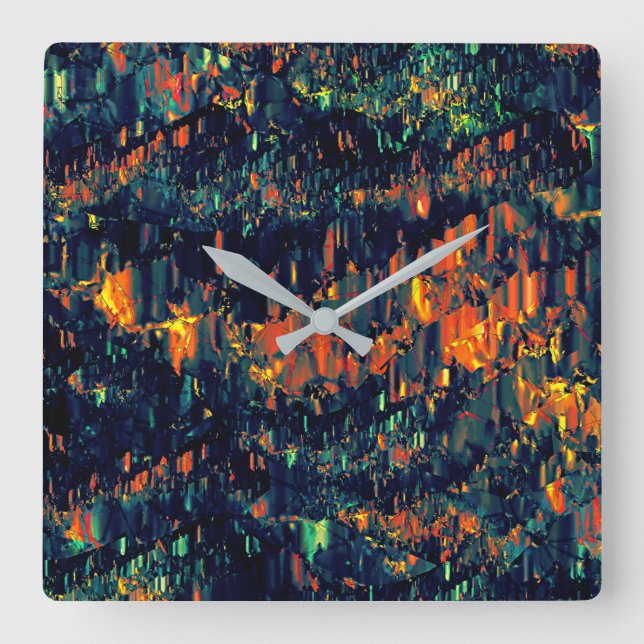 Reloj Cuadrado Mosaico abstracto de fogata desplazada sobre verde (Anverso)