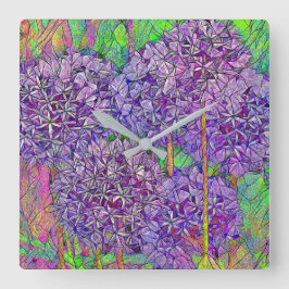 Reloj Cuadrado Mosaico de Allium púrpura con efectos de acuarela