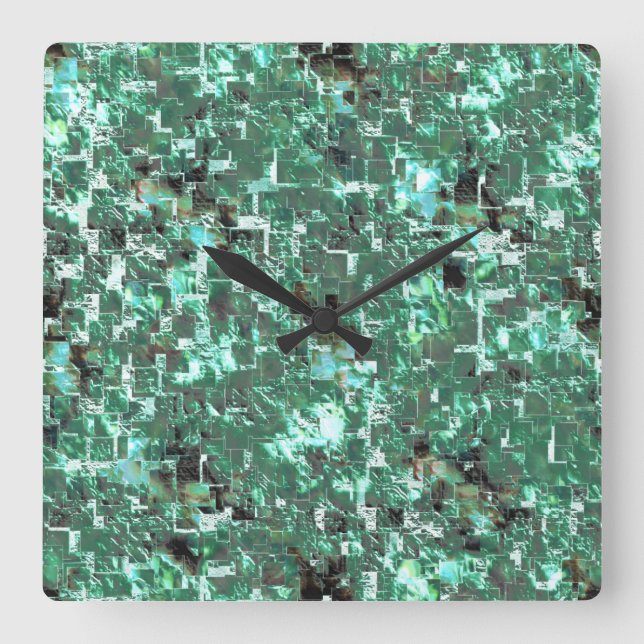 Reloj Cuadrado Mosaico de bosque de contrachapado en verde menta, (Anverso)