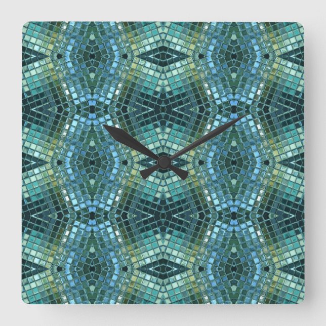 Reloj Cuadrado Mosaico de cristal verde y azul hermoso (Anverso)
