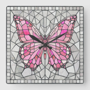 Reloj Cuadrado Mosaico de mariposa - Rosa y gris de hadas
