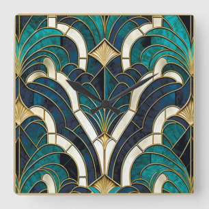Reloj Cuadrado Mosaico de mármol de lujo Art Deco azul oro y verd