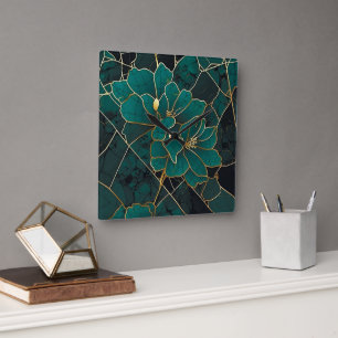 Reloj Cuadrado Mosaico Floral de Mármol Art Deco Esmeralda Verde 