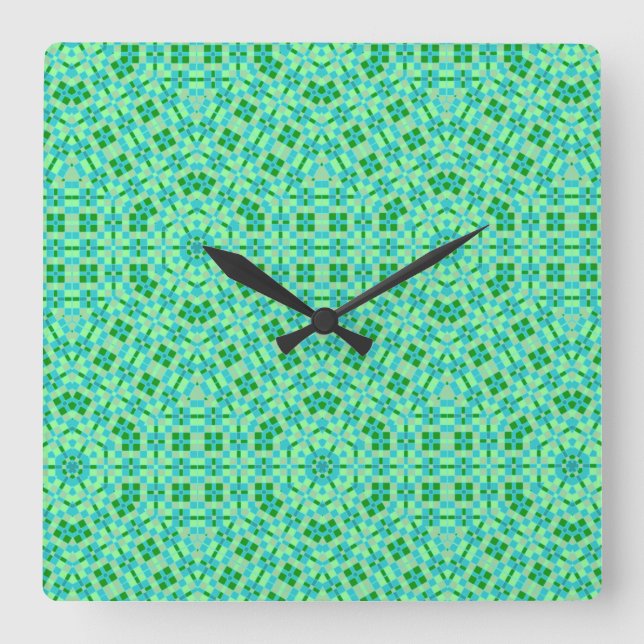 Reloj Cuadrado Mosaicos azul y verde playa (Anverso)