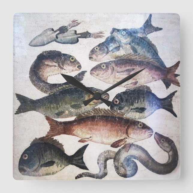 RELOJ CUADRADO MOSAICOS ROMANOS ANTIGUOS, PESCADOS, ESCENA DE VID (Anverso)