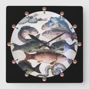 RELOJ CUADRADO MOSAICOS ROMANOS ANTIGUOS, PESCADOS, ESCENA DE VID