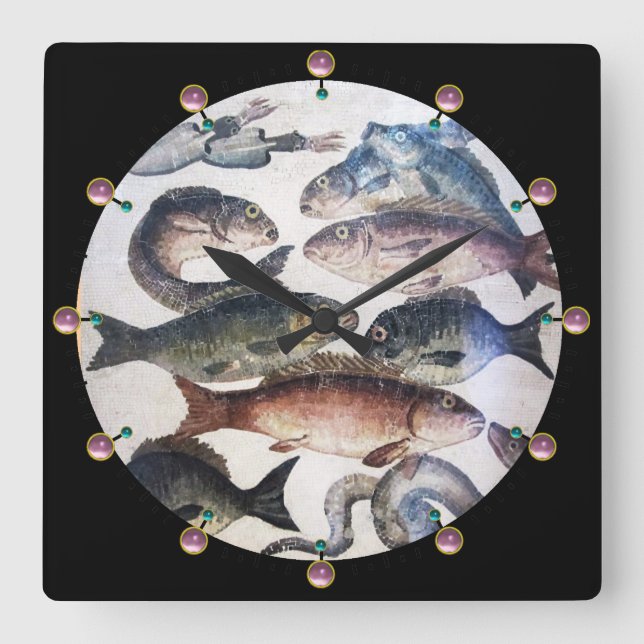 RELOJ CUADRADO MOSAICOS ROMANOS ANTIGUOS, PESCADOS, ESCENA DE VID (Anverso)