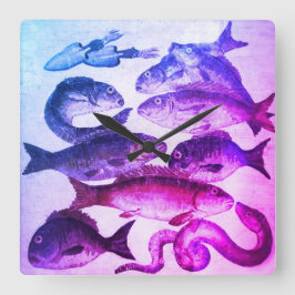 RELOJ CUADRADO MOSAICOS ROMANOS ANTIGUOS, PESCADOS, VIDA MARÍTIMA