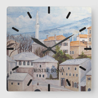 Reloj Cuadrado Mostar, Bosnia - Pintura del paisaje de acrílico
