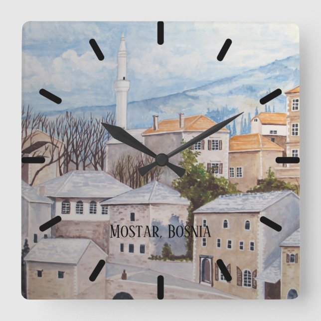 Reloj Cuadrado Mostar, Bosnia - Pintura del paisaje de acrílico (Anverso)