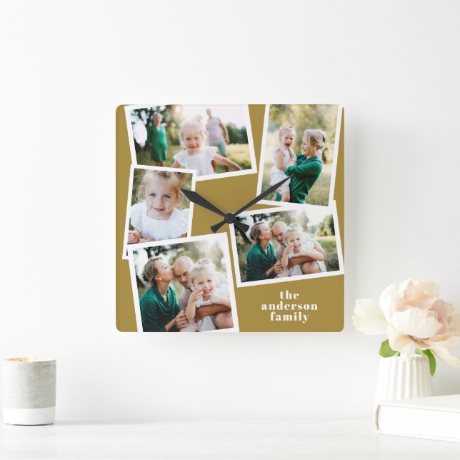 Reloj Cuadrado Mostaza moderna multifoto decoración familiar (Hogar)