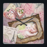 Reloj Cuadrado Mother’s Day Pink Heart Locket Frame Your Photos<br><div class="desc">Create your own commemorative collage with this beautiful design featuring an antique pink, heart-shaped locket for your individual photos, and a gorgeous baroque picture frame for your larger photo. A Paris postcard holds your custom name, event or other text. Lovely pink carnation flowers in the background. Replace the sample photos...</div>