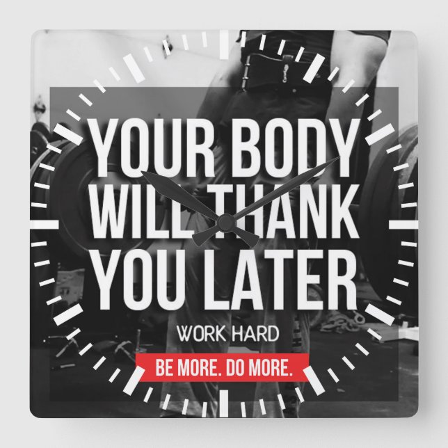 Reloj Cuadrado Motivación de gimnasio - Trabajar duro (Anverso)