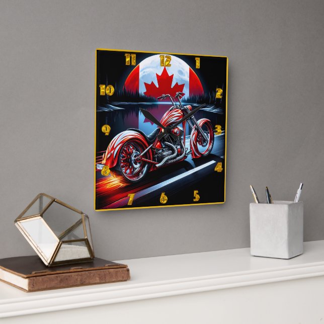 Reloj Cuadrado Motocicleta canadiense bajo una bandera iluminada  (Oficina)