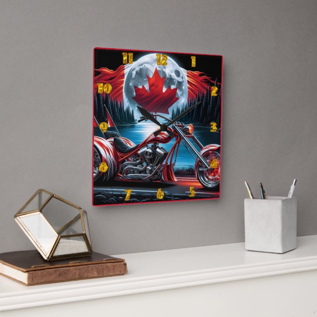 Reloj Cuadrado Motocicleta con bandera canadiense por la noche (Oficina)