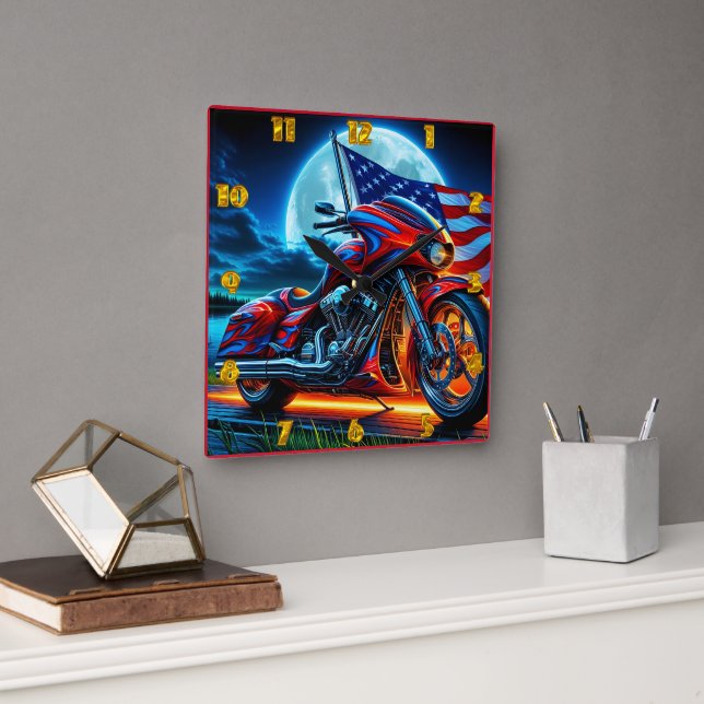 Reloj Cuadrado Motocicleta con bandera estadounidense bajo luna l (Oficina)