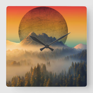 RELOJ CUADRADO MOUNTAIN DAWN FOREST NATURE SUNSET LANDSCAPE
