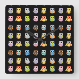 Reloj Cuadrado Muchos Búhos Coloridos Patrón Adorable